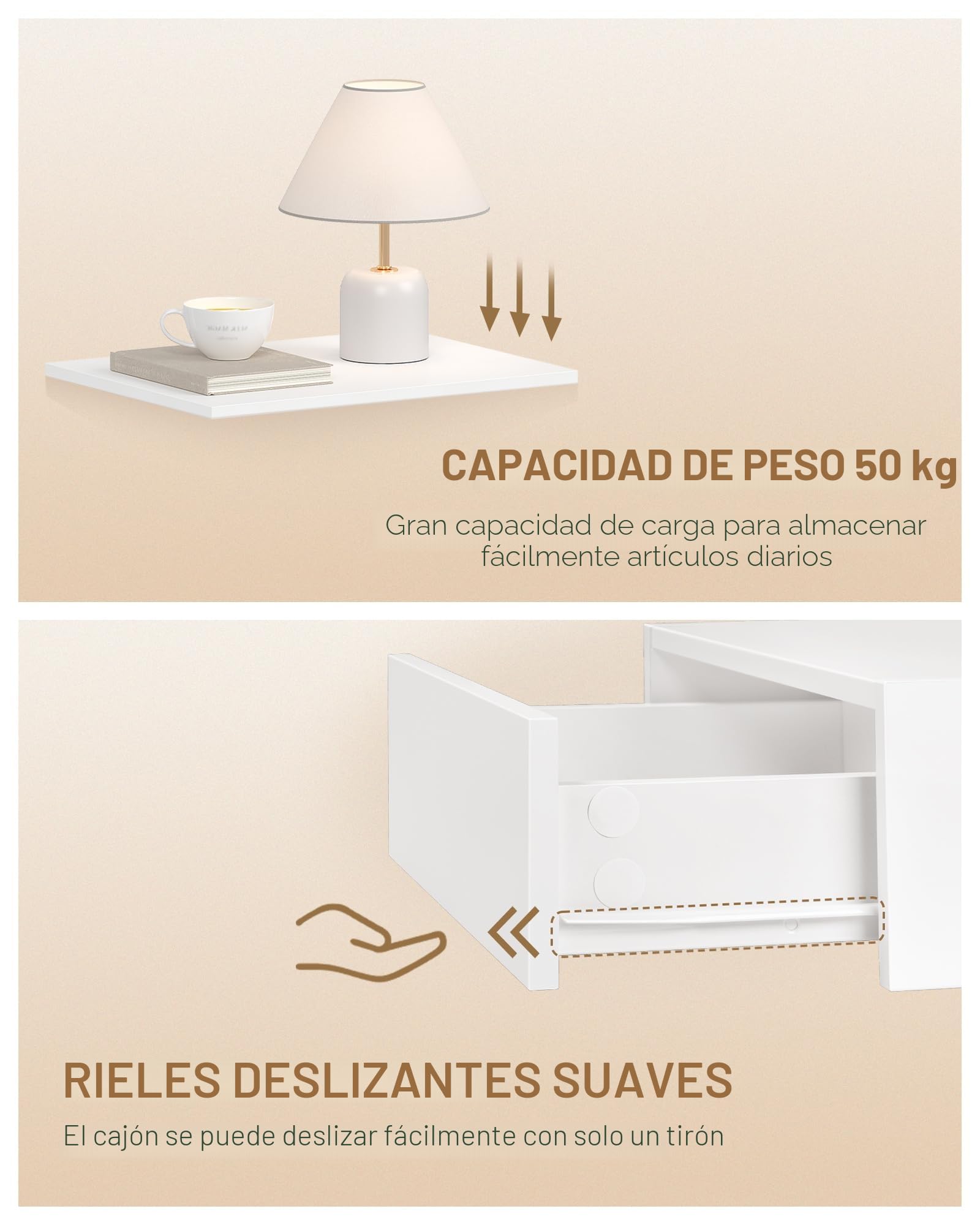 Hzuaneri Mesita de Noche Flotante Set de 2, Repisa Colgante y 1 Cajón con Guías, Diseño en Forma de U, Moderna, para Dormitorio y Salón, 30 x 40 x 29,2 cm, Blanco NS50203X