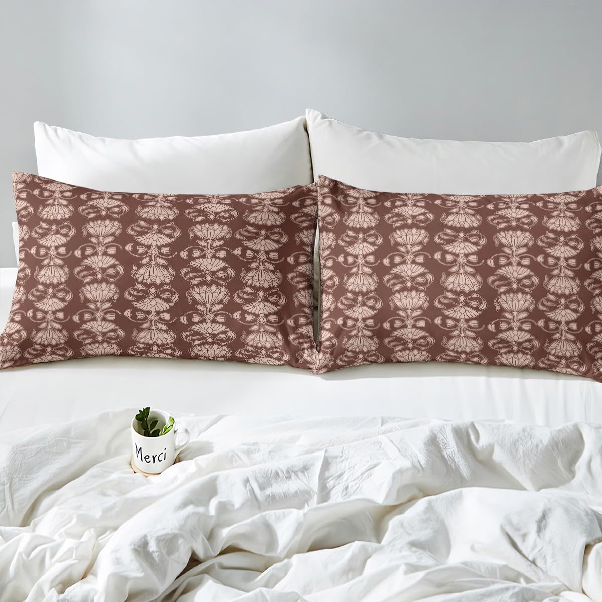 Erosebridal Bohemian Florals Fitted Sheet Full Size Flower Bed Sheets for Adults Abstract Vintage Farmhouse Sheets Rustic Reddish Brown Leaves Botanical Ethnic Bedding Set