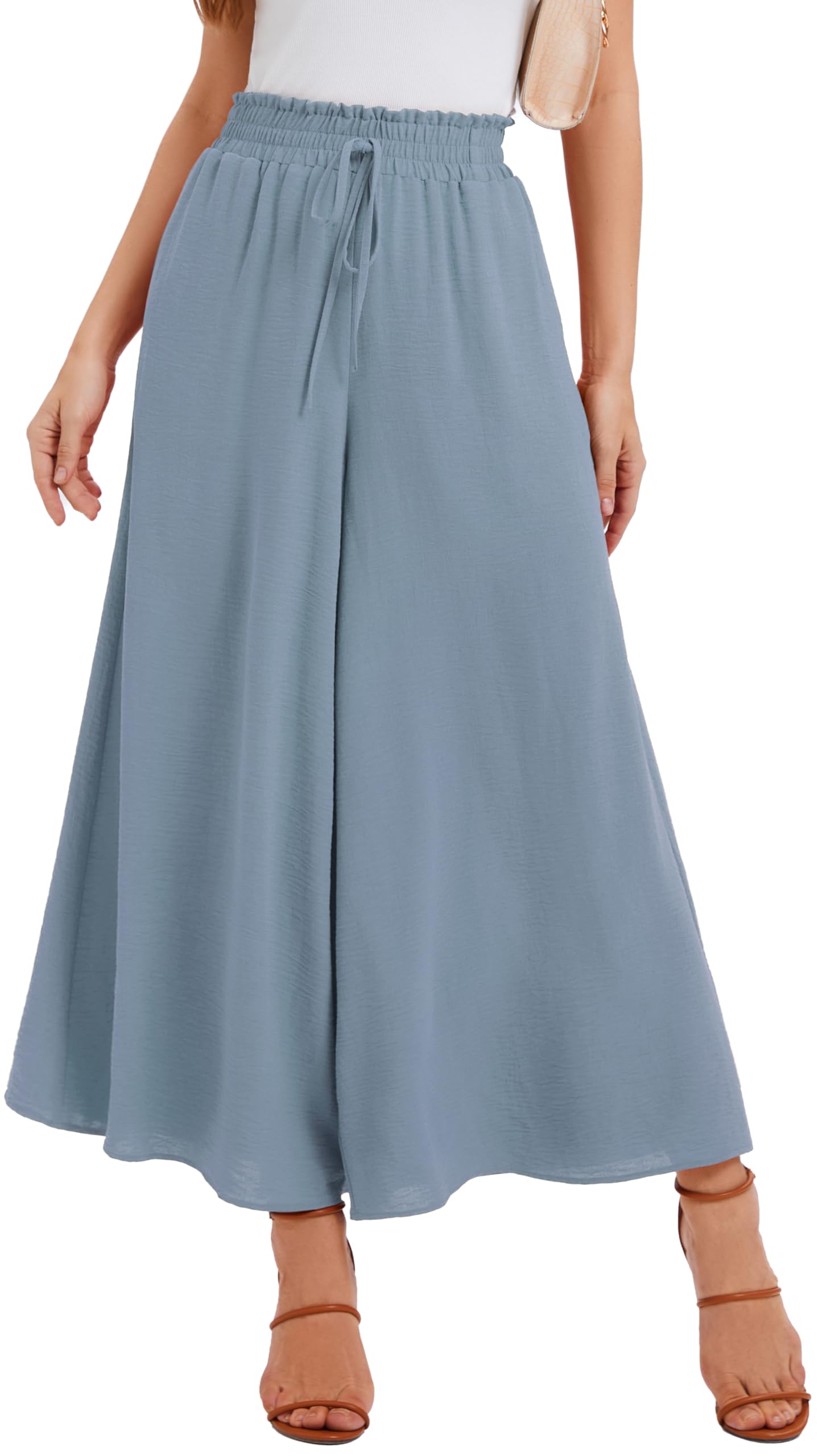 WUWUSKY Sommerhose Damen Leicht Lässige Palazzo Hose Elegant High Waist Baggy Freizeithose mit 2 Taschen