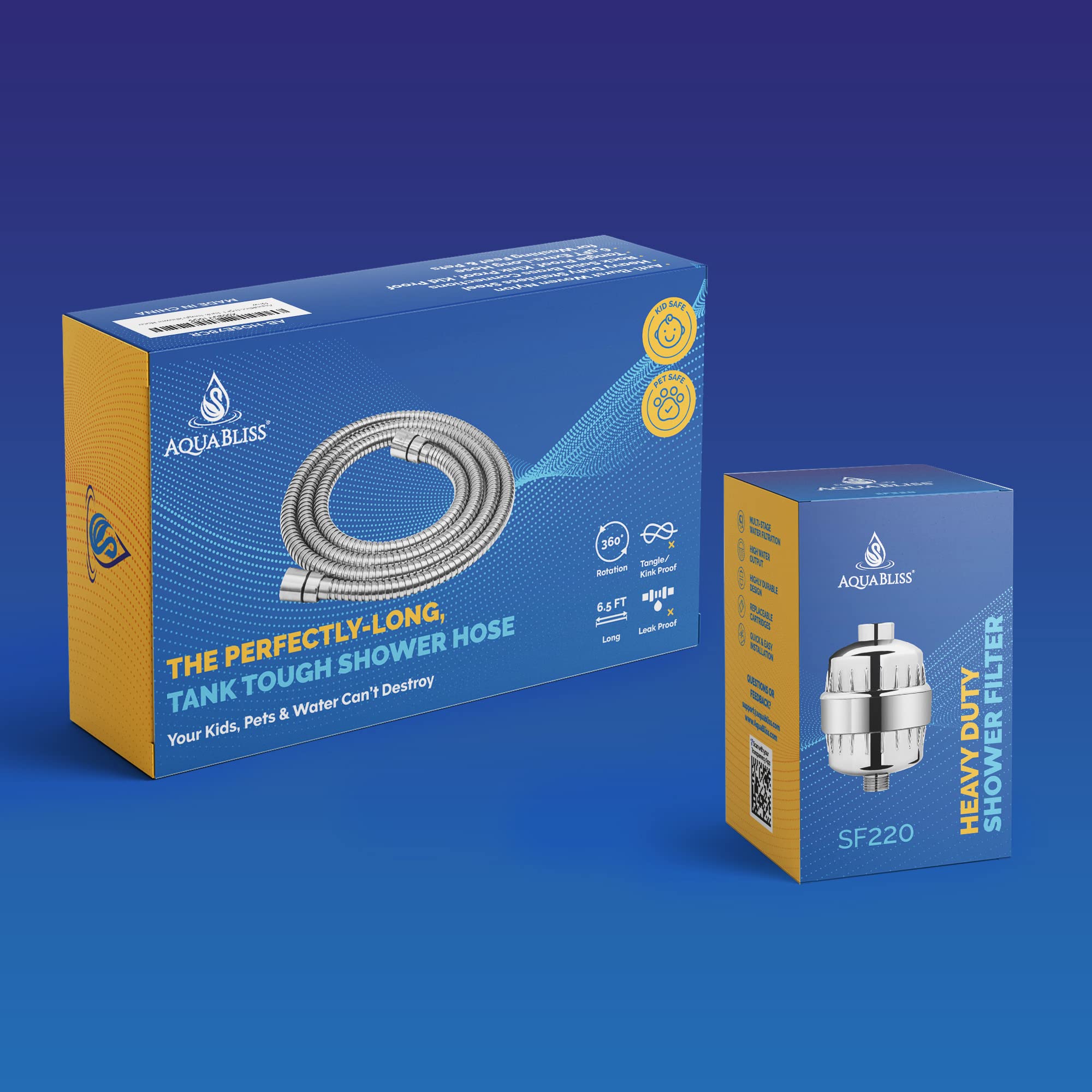 AquaBlissHandheld Shower Hose - Universal Fit, 6.5 Extra Long Replacement - Anti-Tangle 360 Rotation + The AquaBliss Multi-Stage Shower Filter w/Replaceable Cartridge Chrome SF220 - EXCLUSIVE BUNDLE