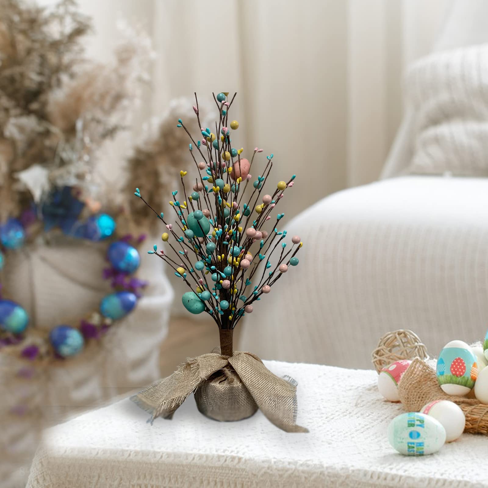 Albero Di Pasqua Da Tavolo Con Uova Decorate E Luci LED, 45 Cm, Colore Giallo, Base In Tela