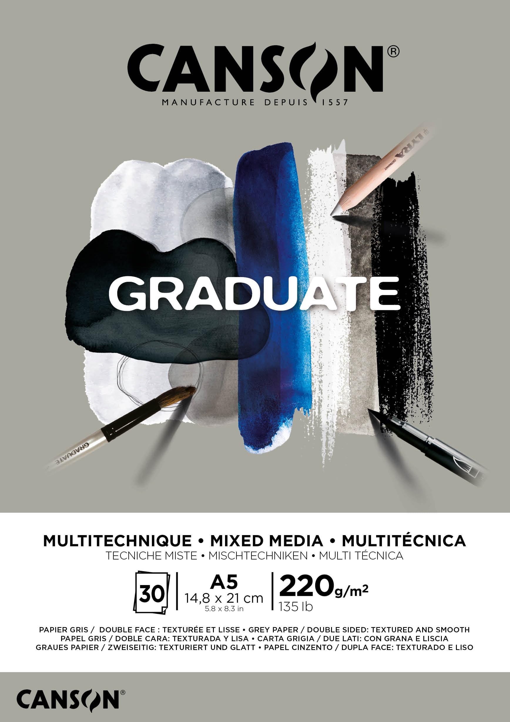 CANSON Graduate Mixed Media 220gsm A5 Paper, Double Sided: Grained And Smooth, Pad Glued Short Side, 30 Grey Sheets, For Student Artists