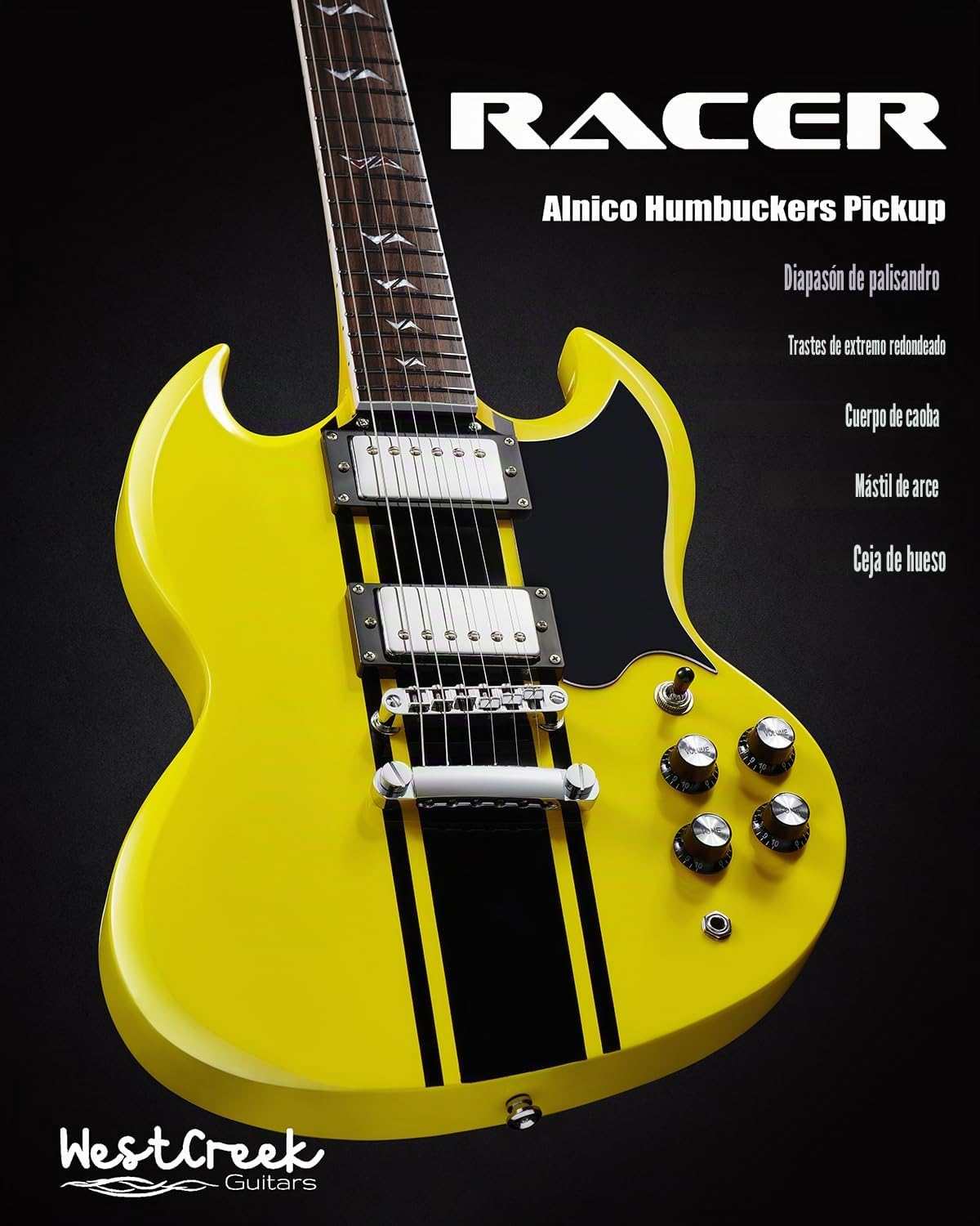 WestCreek Guitars RACER Guitarra Eléctrica, Electric Guitar de cuerpo sólido doble corte, Cuerpo de Caoba, diapasón de Palisandro, Mástil Arce, Cejuela de Hueso, 22 Trastes