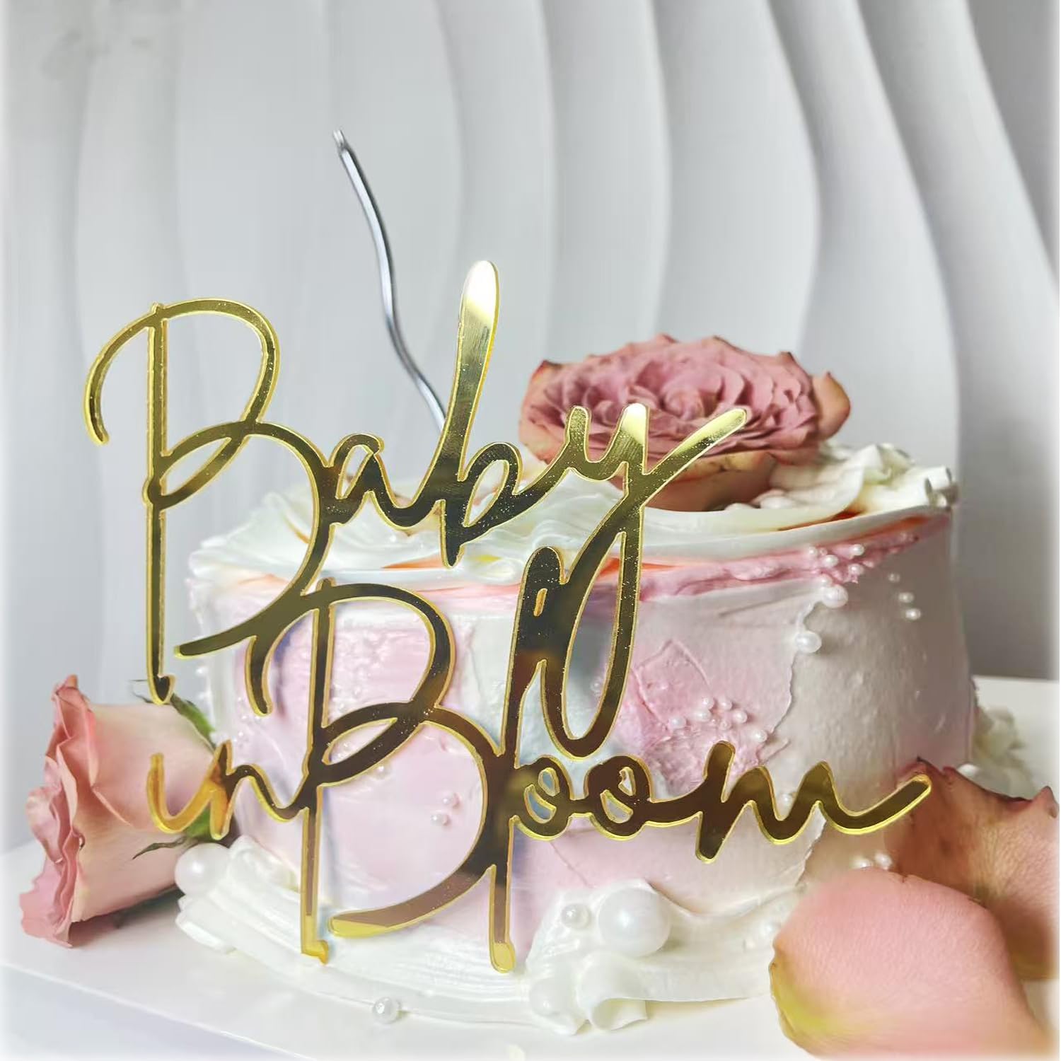 Gold Acrylic Baby in Bloom Cake Topper,Flower Theme Baby Shower Cake Topper for Gender Reveal/Pregnancy Announcement/Birth Announcement/Welcome Baby Decorative Party Supplies image 3
