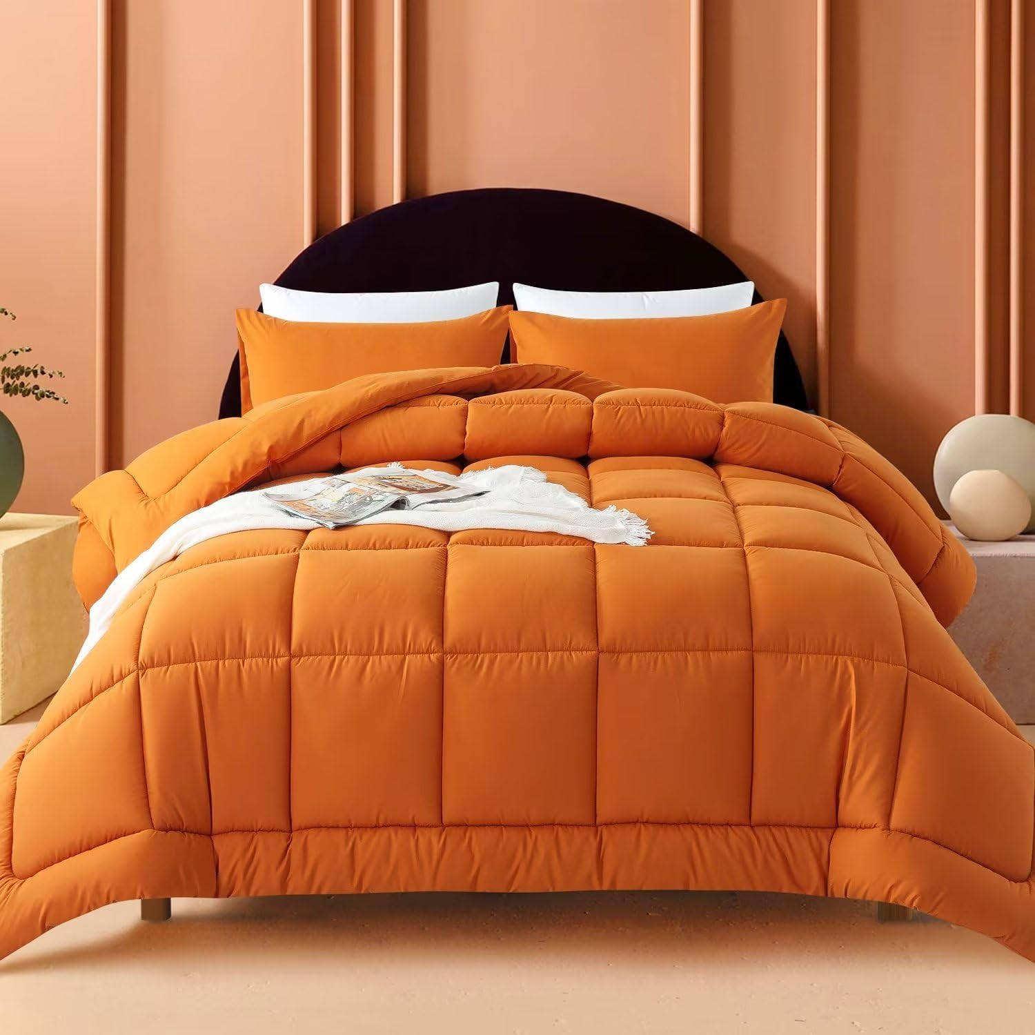 WhatsBedding Twin Comforter Set,Burnt Orange Lightweight Bedding Set for All Season