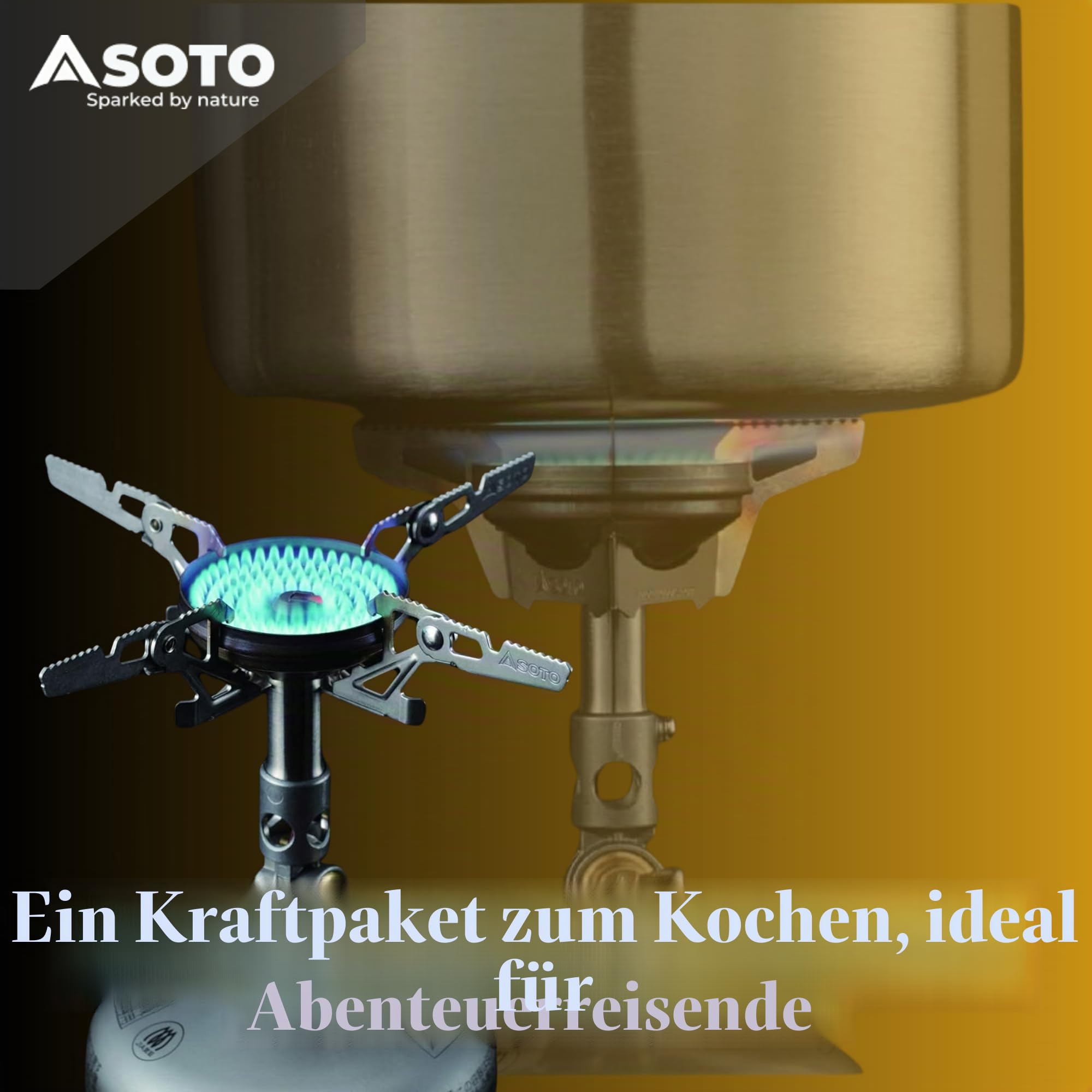 SOTO WindMaster Gaskocher mit Windschutz, ultraleicht 87 g, 3260 W | Erhöhter Rand am Brennerkopf schützt vor Wind; Micro Regulator für Kälte; leise; Piezo-Zündung; inkl. 4Flex; für Camping
