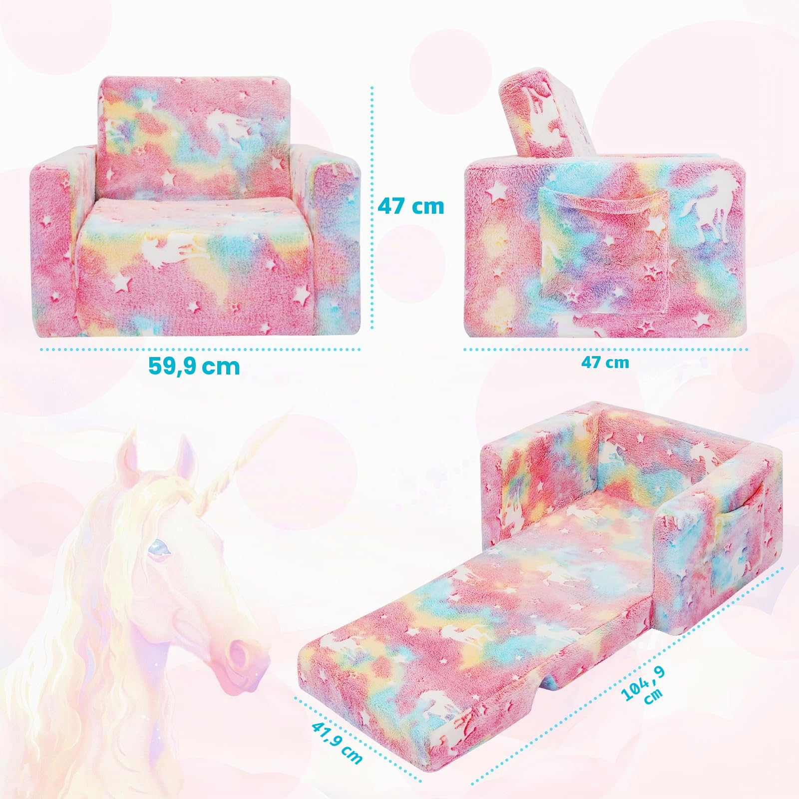 SLIGUY Divano per bambini, convertibile da divano a lettino estraibile, si illumina al buio, idea regalo per ragazzi e ragazze (unicorno rosa)