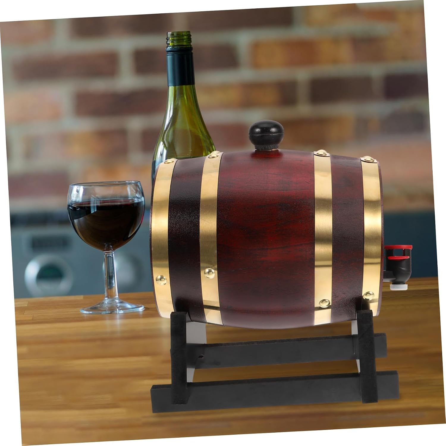 PRETYZOOM Sturdy Wooden Red Wine Barrel French Barrels Push down Pump Dispenser for Beer Wine Whiskey Spirits