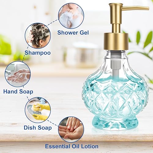 Miniatura 5 de Dispensador de jabón líquido de vidrio, dispensador de jabón reutilizable vintage de cocina de 8.5 oz con diseño de cristal transparente