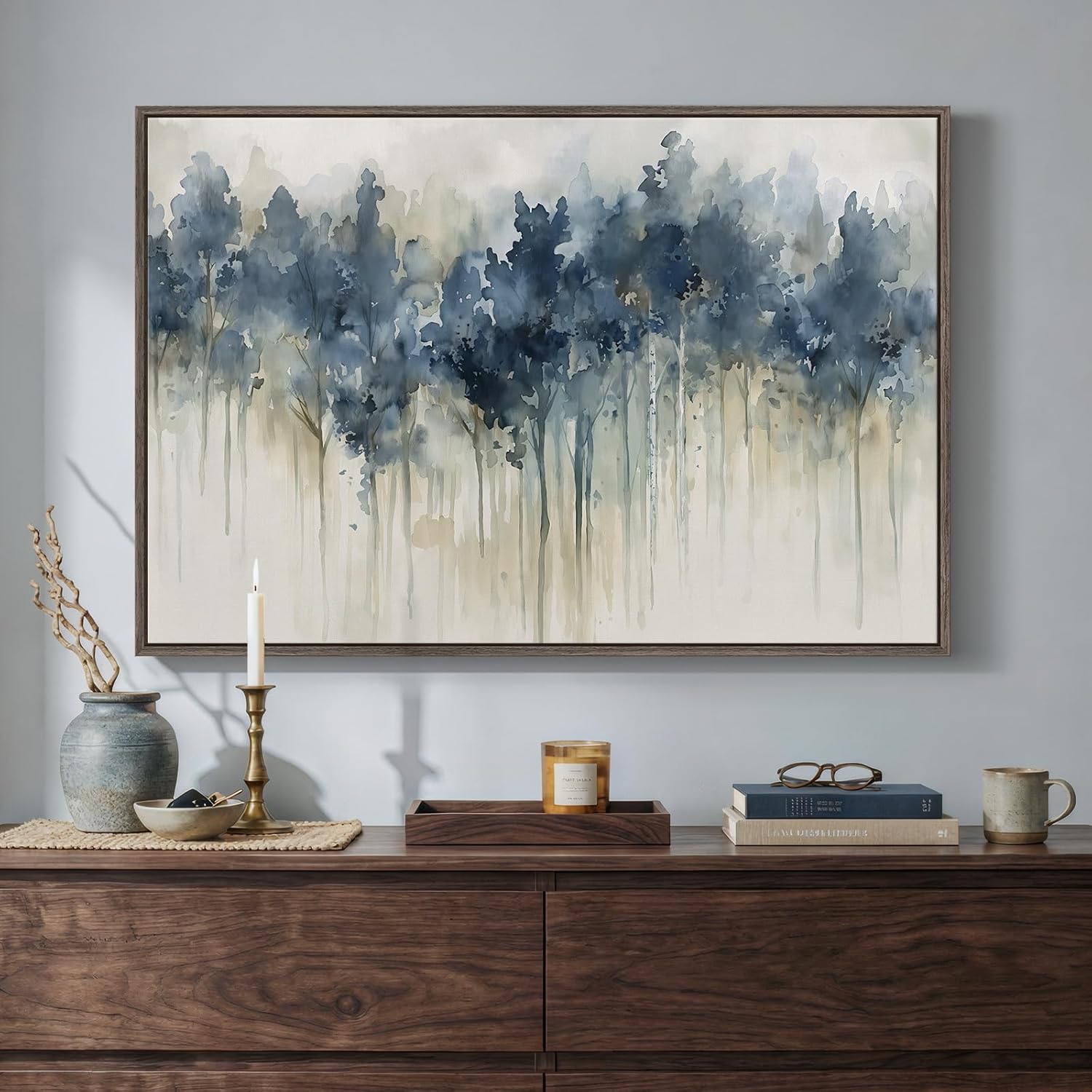 Framed Blue Abstract Forest Wall Art, Horizontal Watercolor Canvas Artwork for Walls, Modern Picture Print Wall Decor, Abstract Landscape Artwork for Living Room Bedroom Office Dining Room, 24x36 Inch