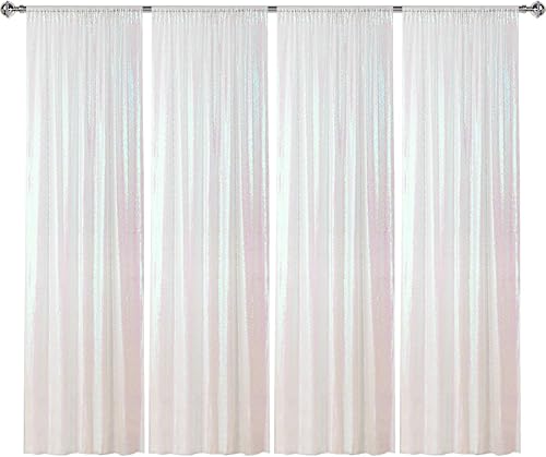 Cortina de telón de fondo de lentejuelas iridiscentes blancas, 4 paneles de 2 x 8 pies, con purpurina blanca iridiscente, telón de fondo brillante