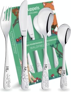 Kuppels Kinderbesteck mit Namensgravur – Kinder Besteck Set ab 3 Jahre, 4-teilig, Edelstahl, spülmaschinengeeignet – personalisiertes Taufgeschenk für Mädchen & Jungen, Waldfreunde