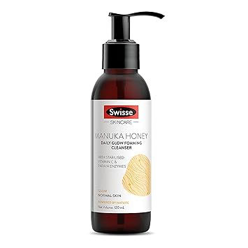 Swisse Skincare Manuka Honey Daily Glow Foaming Cleanser Face Wash for Glowing Skin with Vitamin C and Papaya Enzymes - 120 ml (Normal Skin)