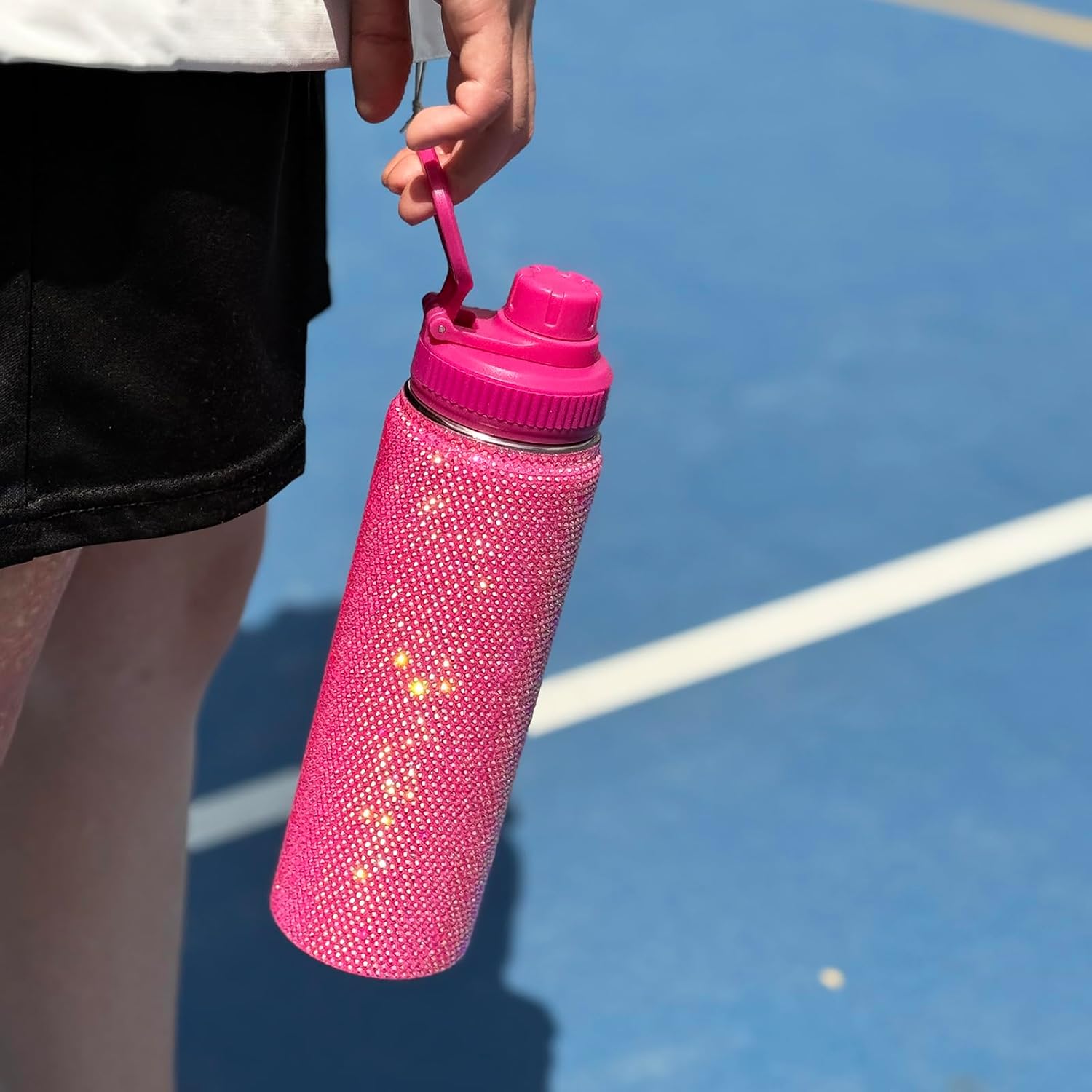 22oz Stainless Steel Bling Crystal Water Bottle Rhinestone Vacuum Insulated Bottle with Spout Lid Reusable Double-Wall Glitter Sport Bottle Gift for Women Girl (Hot Pink)
