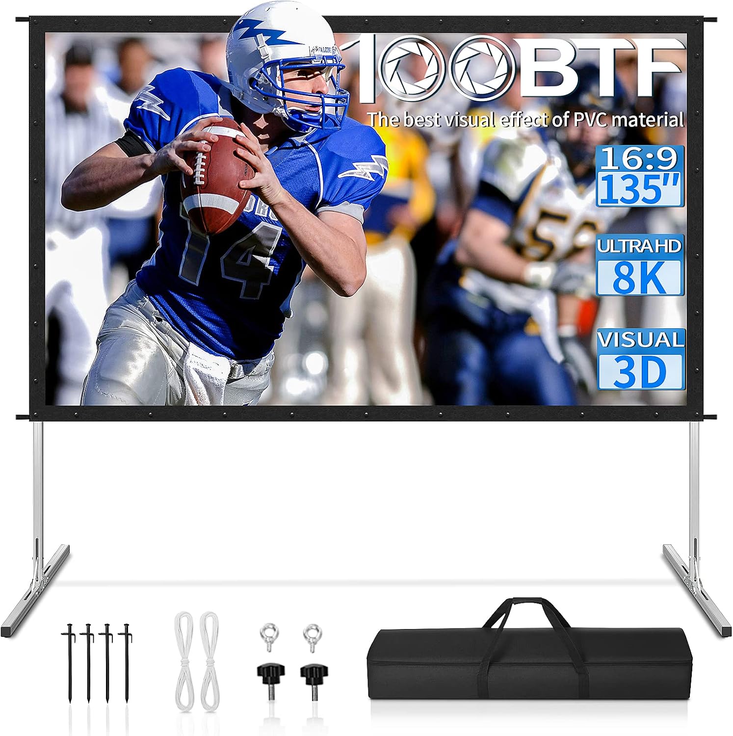 Projector Screen and Stand 135 inch Outdoor Projector Screen with Stand Upgraded PVC 3 Layers with Black Backing 4K HD 16:9 Projection Screen, Portable Front Movie Screen for Home Theater Backyard