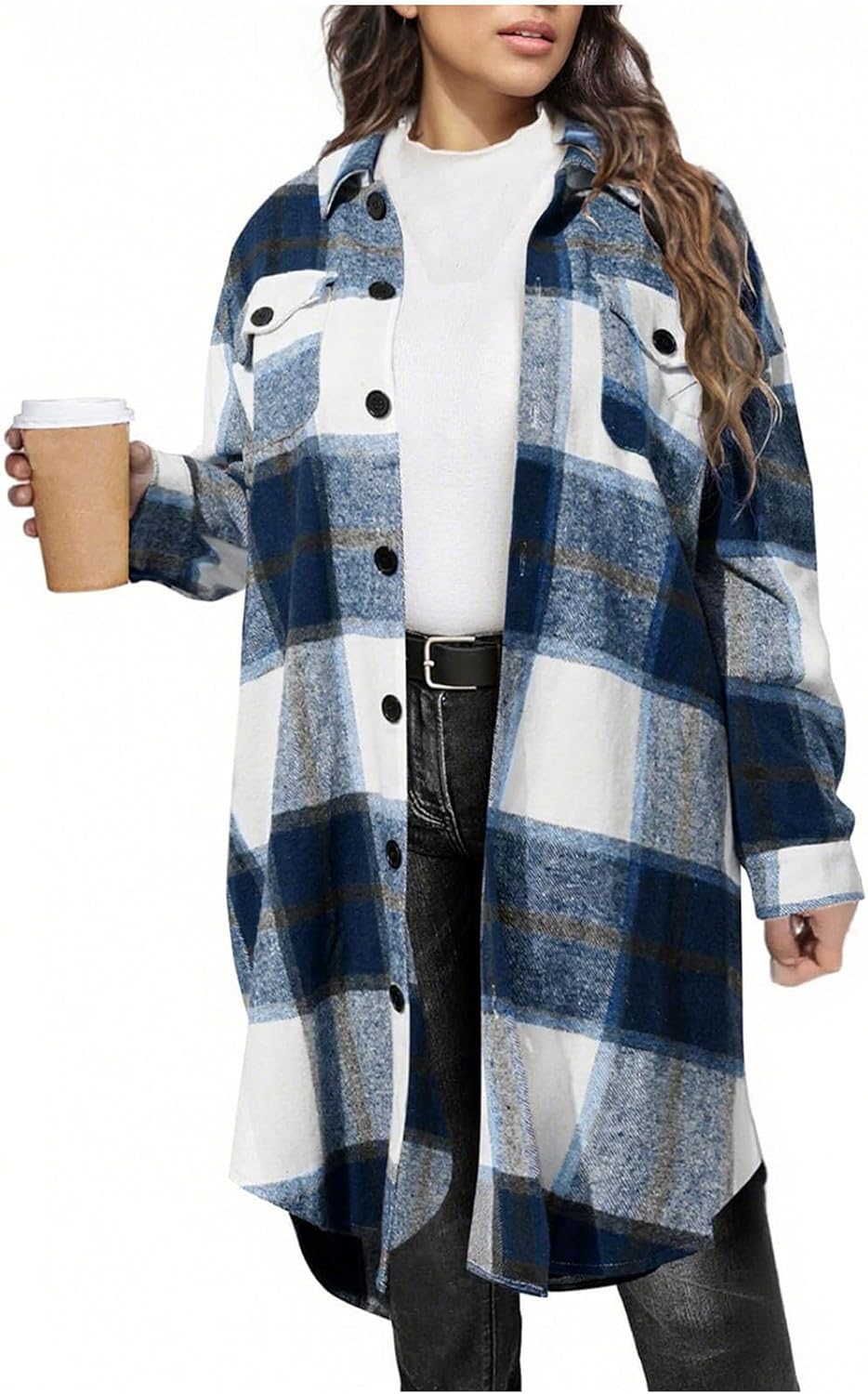 Womens Plaid Shirts Oversized Flannel Length Jacket Lapel Button Down Tartan Long Jackets Fall Lounge Coats with Pockets