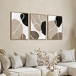 Minimalist Abstract Boho Wall Art - Natural Framed Abstract Canvas Picture Stone Painting Rock Line Artwork Modern Geometric Canvas Prints for Home Wall Decor 40 x 60cm * 3 Tan Brown Grey Black