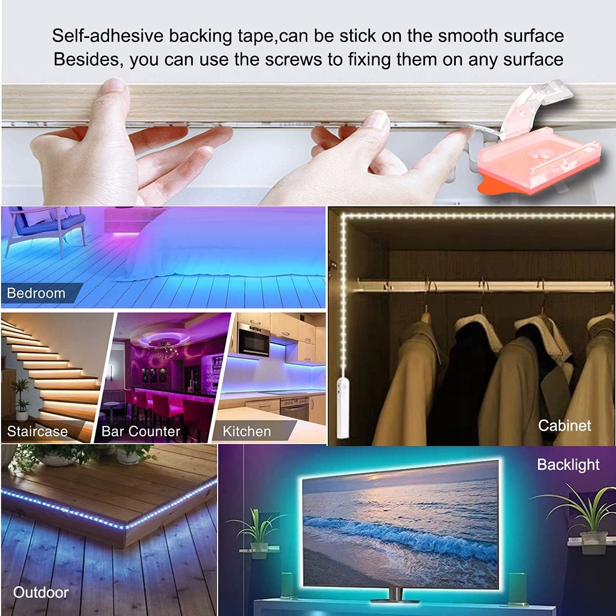 ATB- Double Installation LED Strip Light Mounting Brackets and Clips,Ideal for 12mm Wide IP65 Holder,Cable Wires Organizer Clips Vehicle,Cabinet,Under-Counter,Kitchen,Living Room (100PACK) Clear