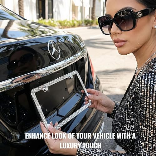 Vista 3 de Paquete de 2 marcos de matrícula brillantes para mujer, paquete de 2 marcos de matrícula brillantes con cristales de diamantes de imitación Plateado