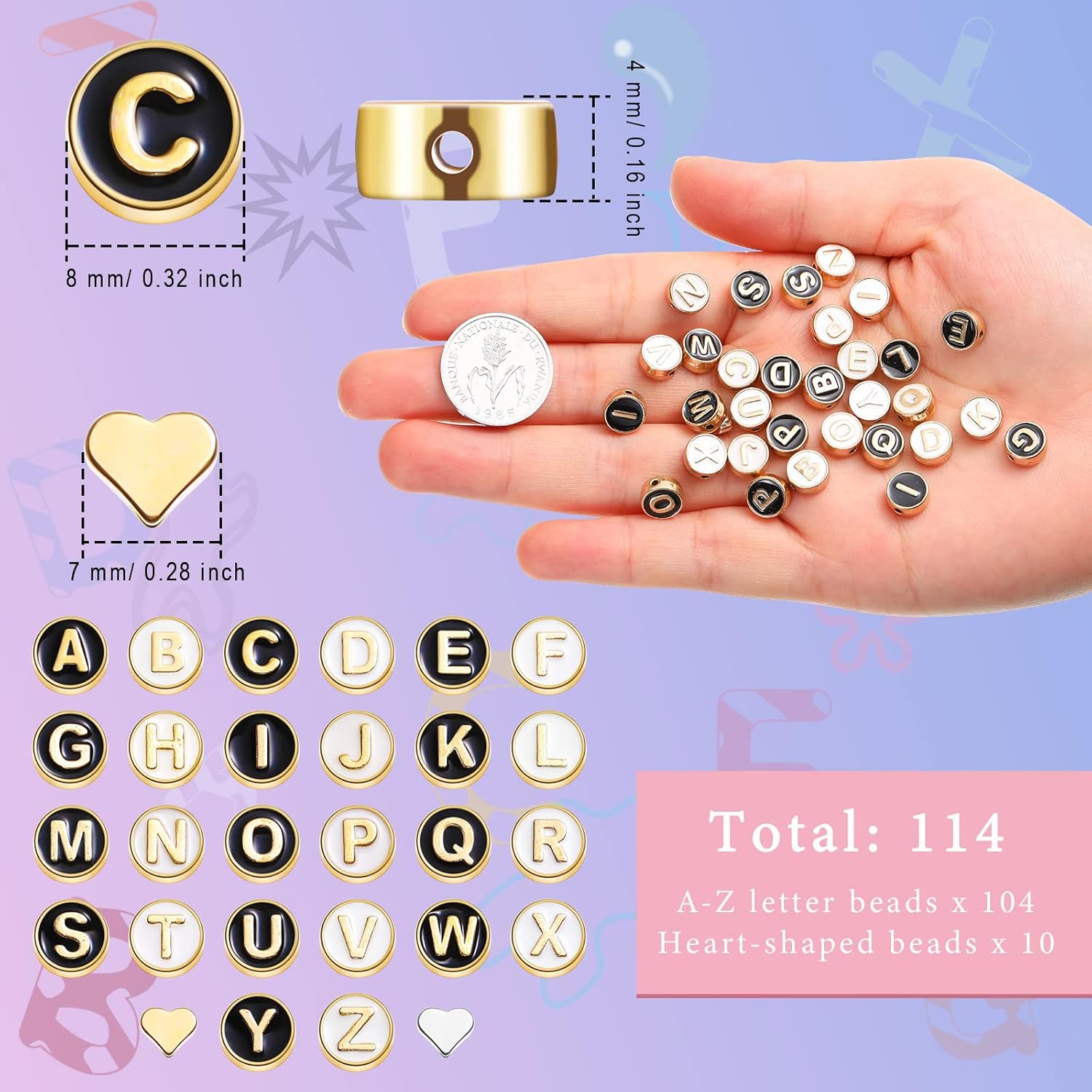 Sureio 114 Pcs Alloy Alphabet Letter Beads 8 mm Flat Round with Letter A-Z Plated Metal Initial Loose Spacer Beads for DIY Bracelet Necklace Earring Jewelry Craft Making(Black, Gold) - Image 2