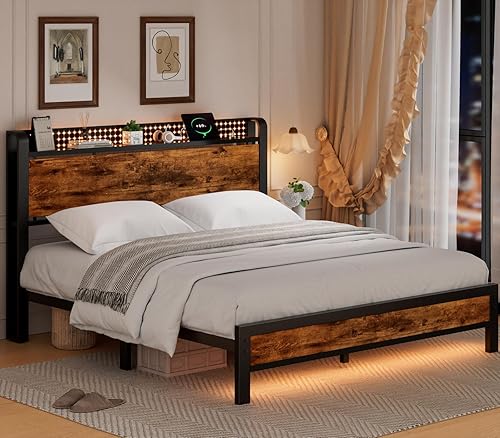 Miniatura 9 de Furnulem Base de cama tamaño Queen con luz, cabecera de almacenamiento industrial con toma de corriente y puerto USB, plataforma de madera Queen con