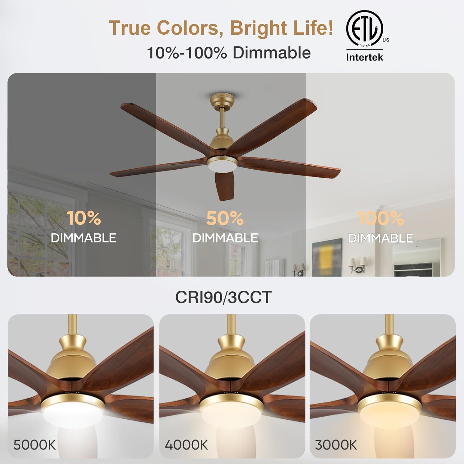 52 Inch Gold Wood Ceiling Fans with Lights and Remote, Modern Farmhouse Ceiling Fan with Large Airflow, 6 Speed, 3CCT Dimmable, Noiseless Reversible DC Motor for Bedroom Indoor Outdoor Patio