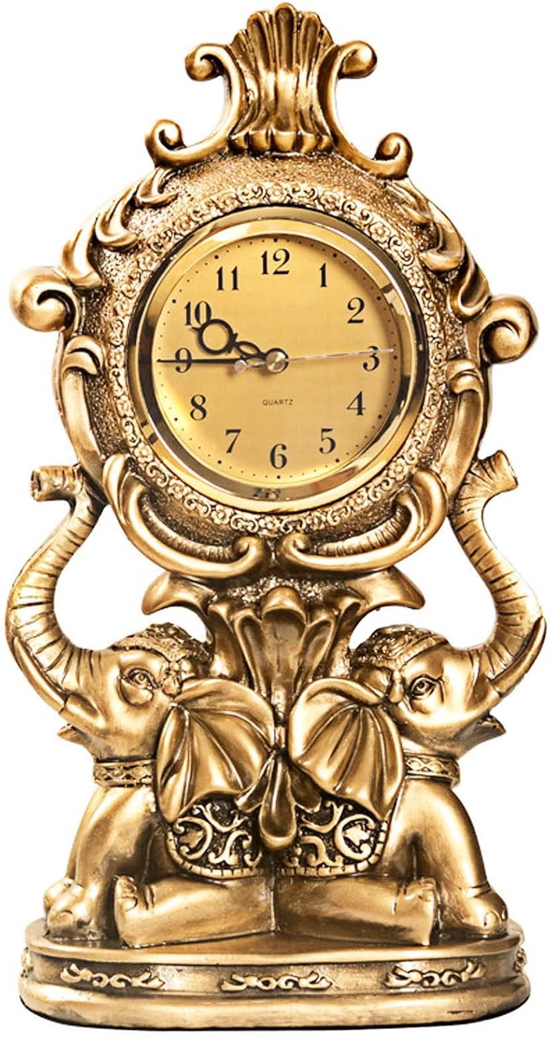rnuie Desk Clock for Mantle Decor, Vintage Elephant Table Clock Battery Operated, Bronze Elephant Statue Mantel Clock for Living Room, Shelf, Fireplace, Home, Table Top Decor