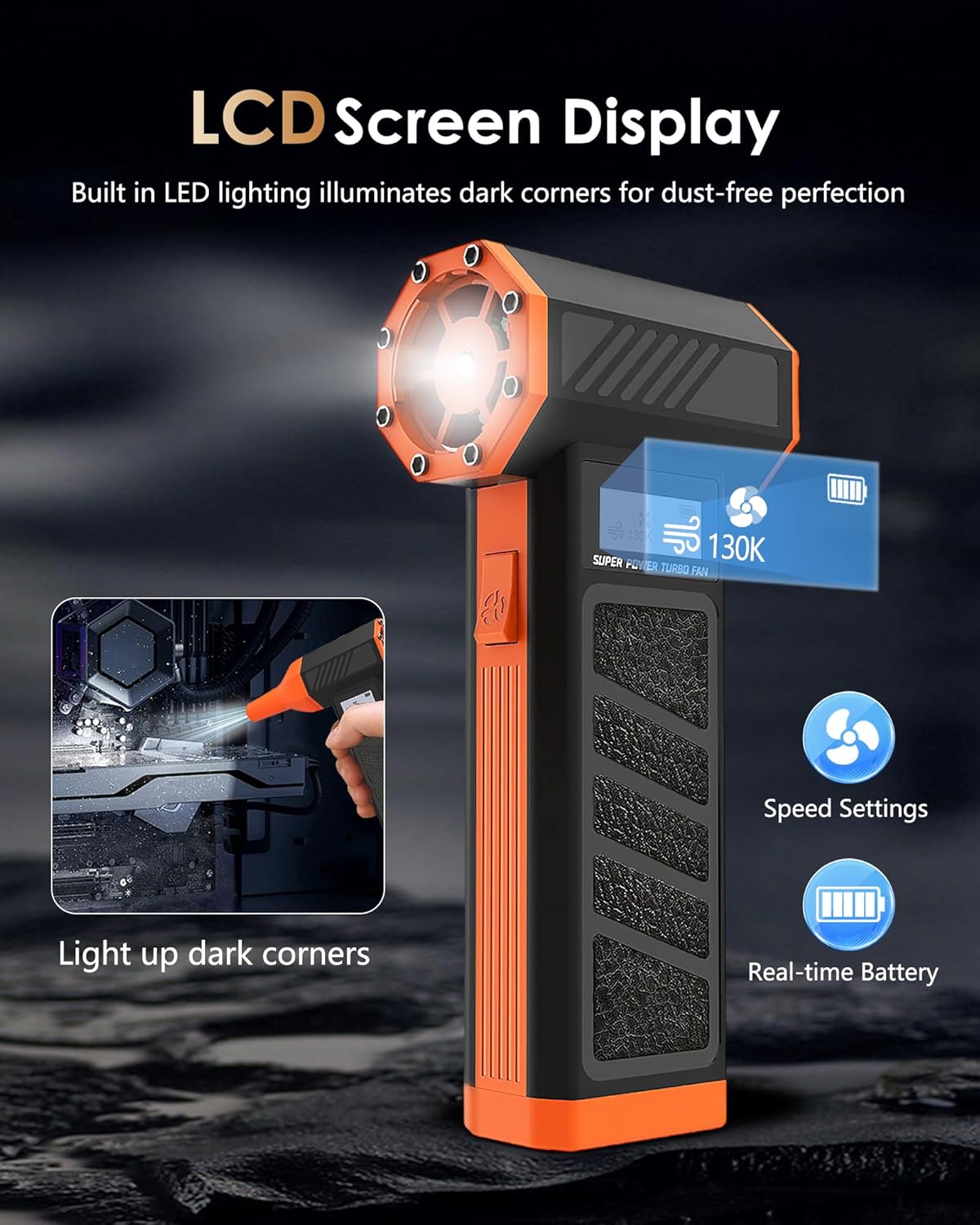 Electric Air Duster - OVVGO Compressed Air Duster Cordless Air Blower Rechargeable, 130000RPM 4-Gear Adjustable Dust Blower with LED Light Portable Duster for Cleaning Computer Keyboard Car Outdoor - Image 4