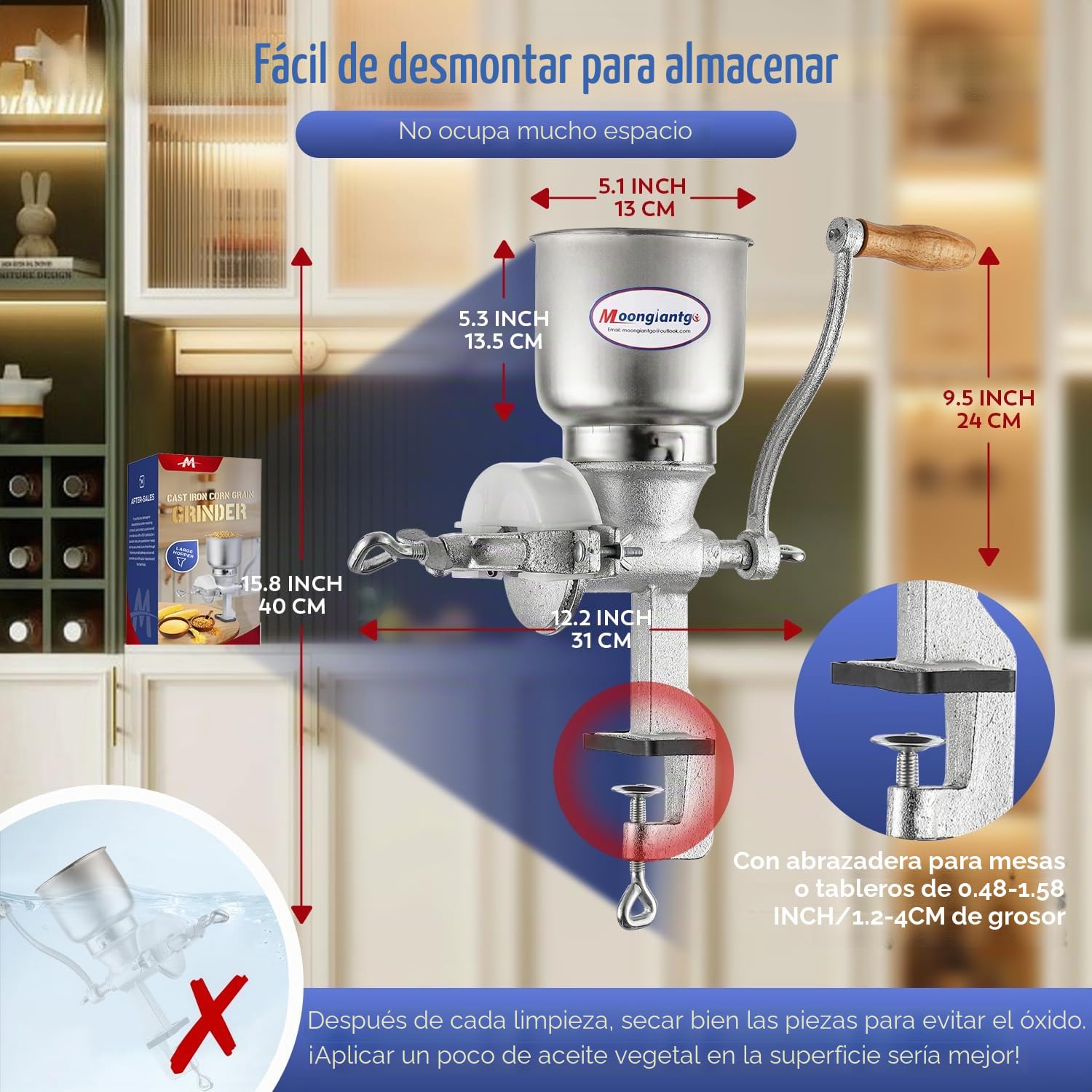 Moongiantgo Molinillo de Cereales Manual con 13cm Tolva Grande & 4cm Abrazadera de Mesa, Finura de Molienda Ajustable, Molino de Mano de Hierro Fundido, para Nuez, Café, Semillas, Maíz, Especias