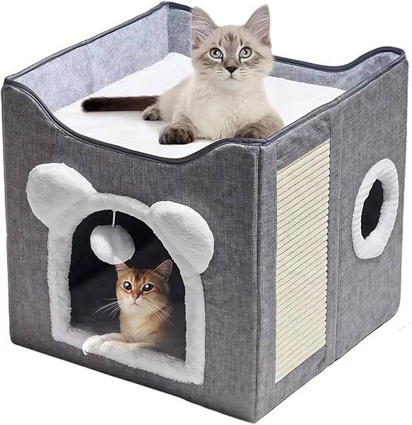BomDa Cat Bed for Indoor Cats - Large Foldable Cat Cave for Pet, Cat House with Scratch Pad & Round Window & Fluffy Hanging Ball, Covered Cat Hideaway, 15x15x15 inches (Grey, 15" D x 15" W x 15" H)