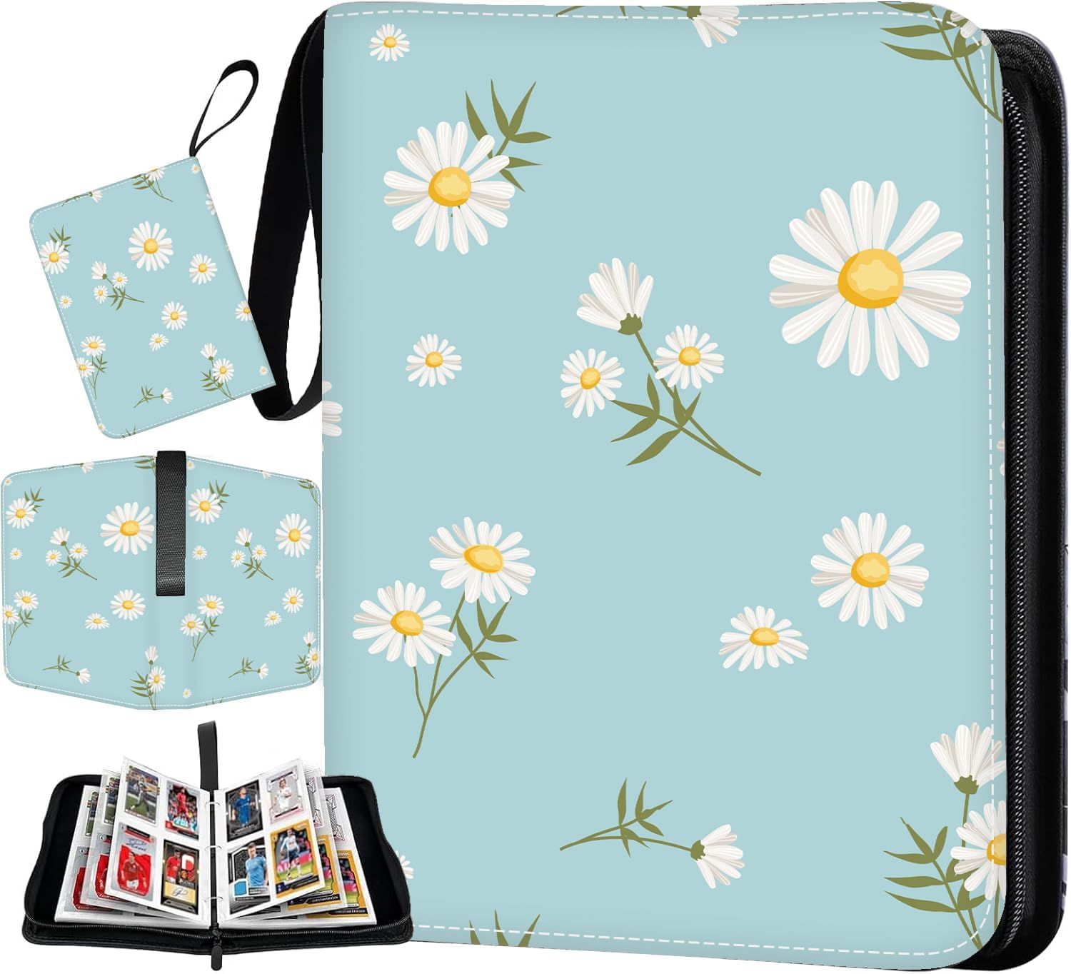 Trading Card Binder 400 Pockets, 50 Pages 4 Pocket Premium Card Album Folder with 50 Double-Sided Removable Sleeves, Zipper Carrying Card Storage Case for Sports Cards Game Cards Cute Flower Pattern