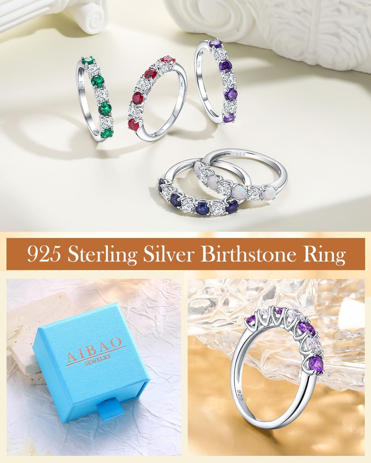 AIBAO Amethyst/Emerald/Ruby/Sapphire Half Eternity Band Rings for Women Sterling Silver Birthstone Stackable Rings Size 6 to 10 Anniversrty Valentines Mother's Day Jewelry Gift with Box - Image 5