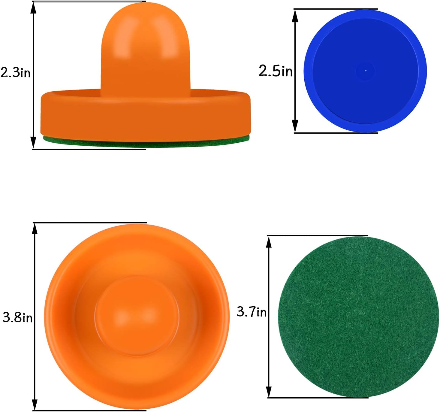 ONE250 Air Hockey Pushers and Blue Air Hockey Pucks, Goal Handles Paddles Replacement Accessories for Game Tables (4 Striker, 4 Puck Pack) (Orange & Blue) : Sports & Outdoors