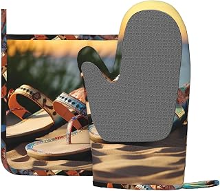 Silicone Oven Mitts and Potholders Set, 500°F Heat Resistance Kitchen Oven Gloves and Pot Pads Set of 2, Summer Beach Sandals Non-Slip Hot Pads for Cooking, BBQ, Baking