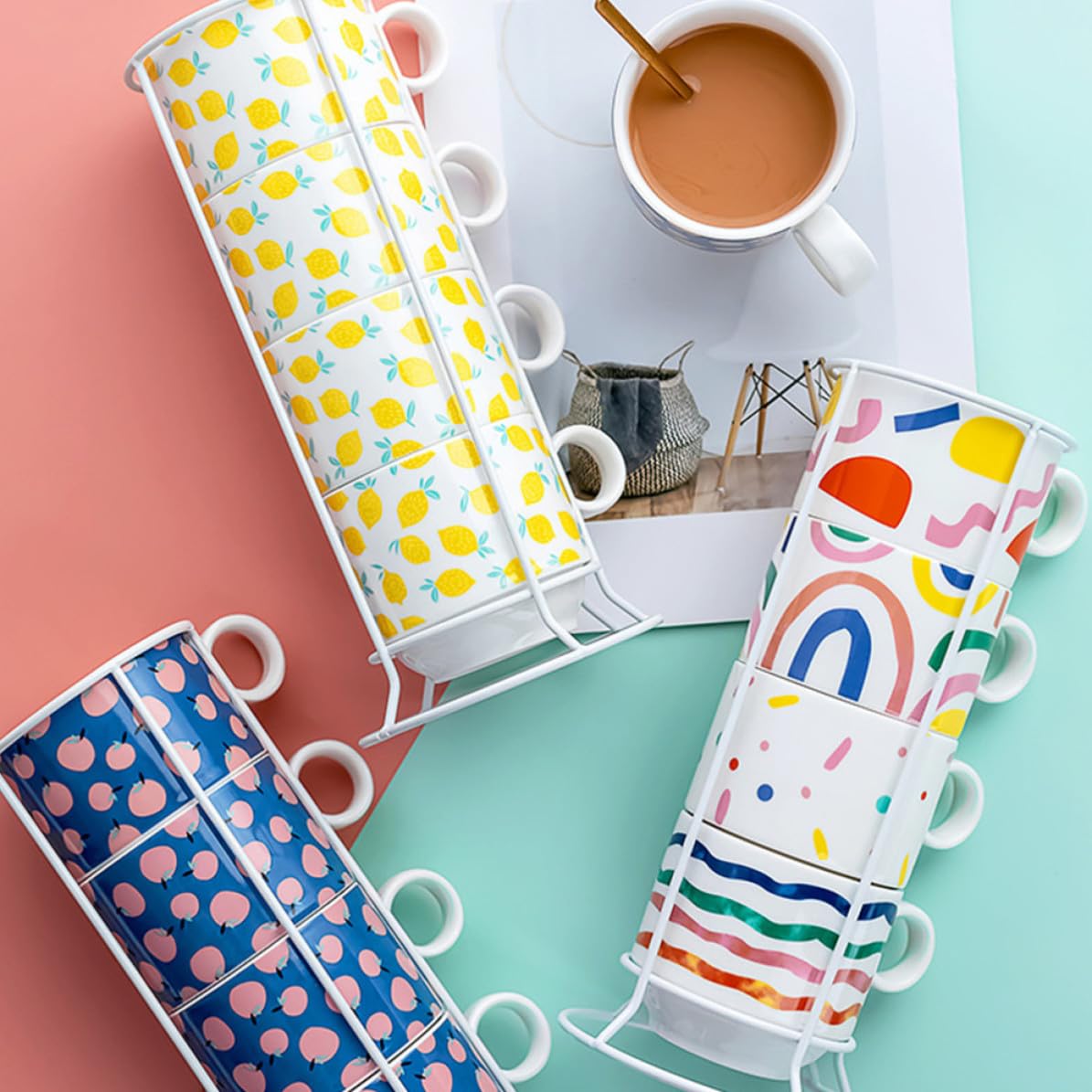 STOBAZA Tasse à Café Empilable en Céramique 200ml Support Fer
