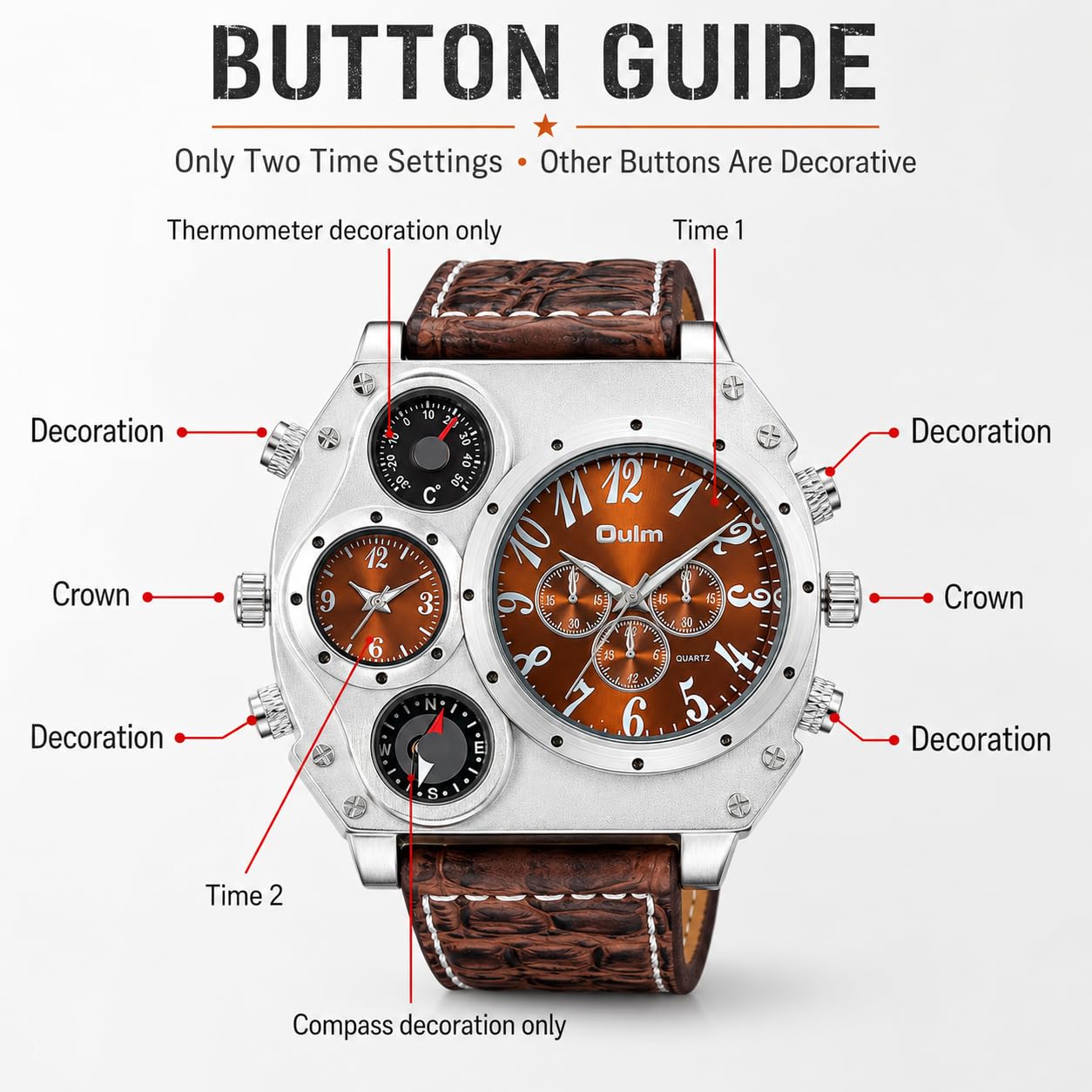 MASTOP Montre à quartz multifonction surdimensionnée pour homme avec grand cadran, double fuseaux horaires, boussole décorative et thermomètre, style militaire steampunk bracelet en cuir, cadeau pour