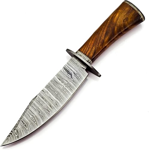 Miniatura 4 de Nooraki BK-348 Cuchillo Bowie hecho a mano de acero de Damasco con funda de cuero, cuchillo multiusos, mango de palisandro con protector de damasco