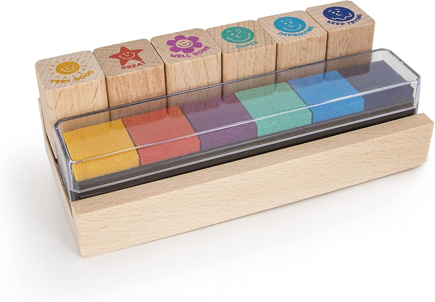 TRENDHAUS Set de tampons Anglais 6 pièces pour enseignants avec tampons encreurs colorés en bois