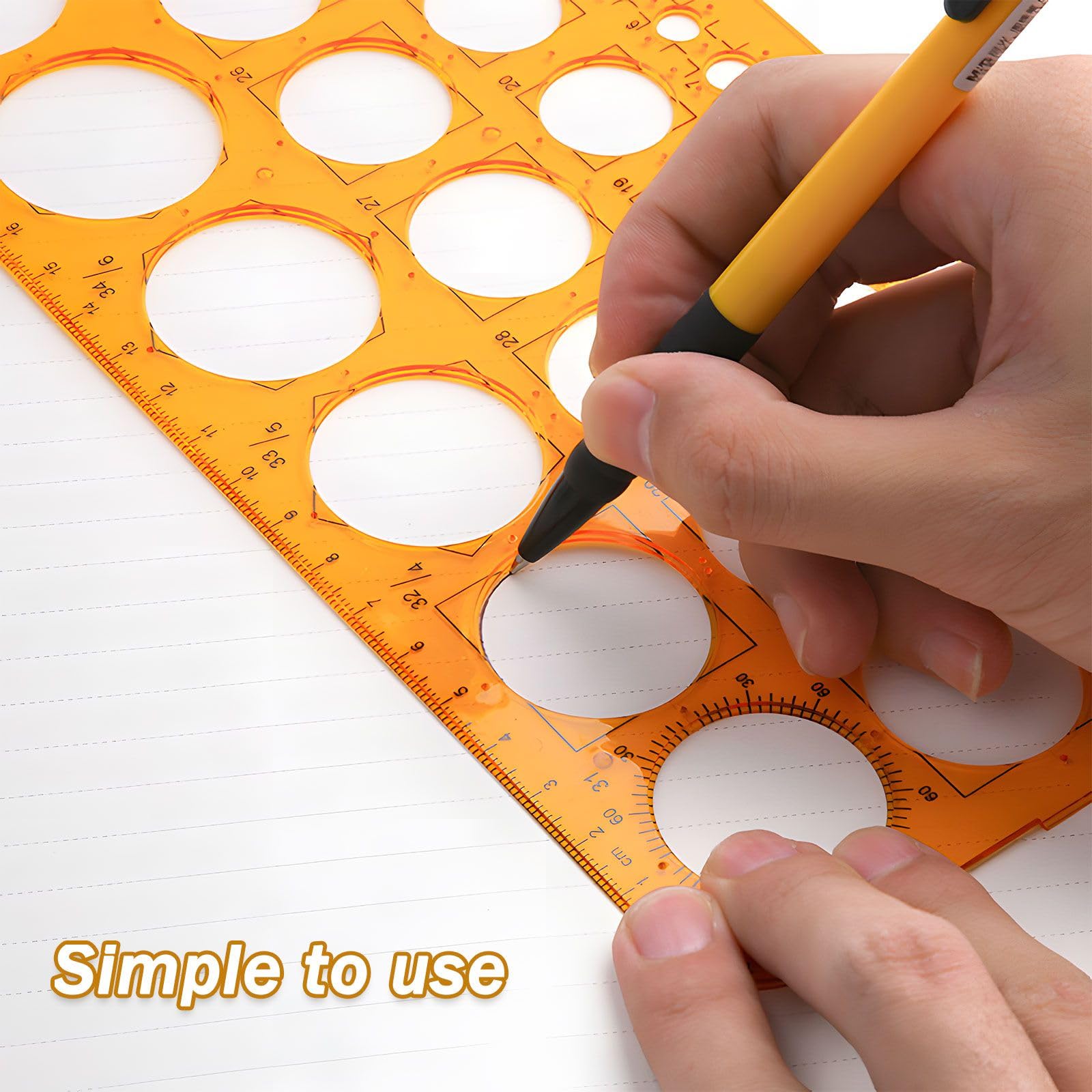 Plantilla de dibujo de 36 círculos, de plástico resistente, para dibujo técnico, arquitectura y diseño de joyas, color naranja transparente