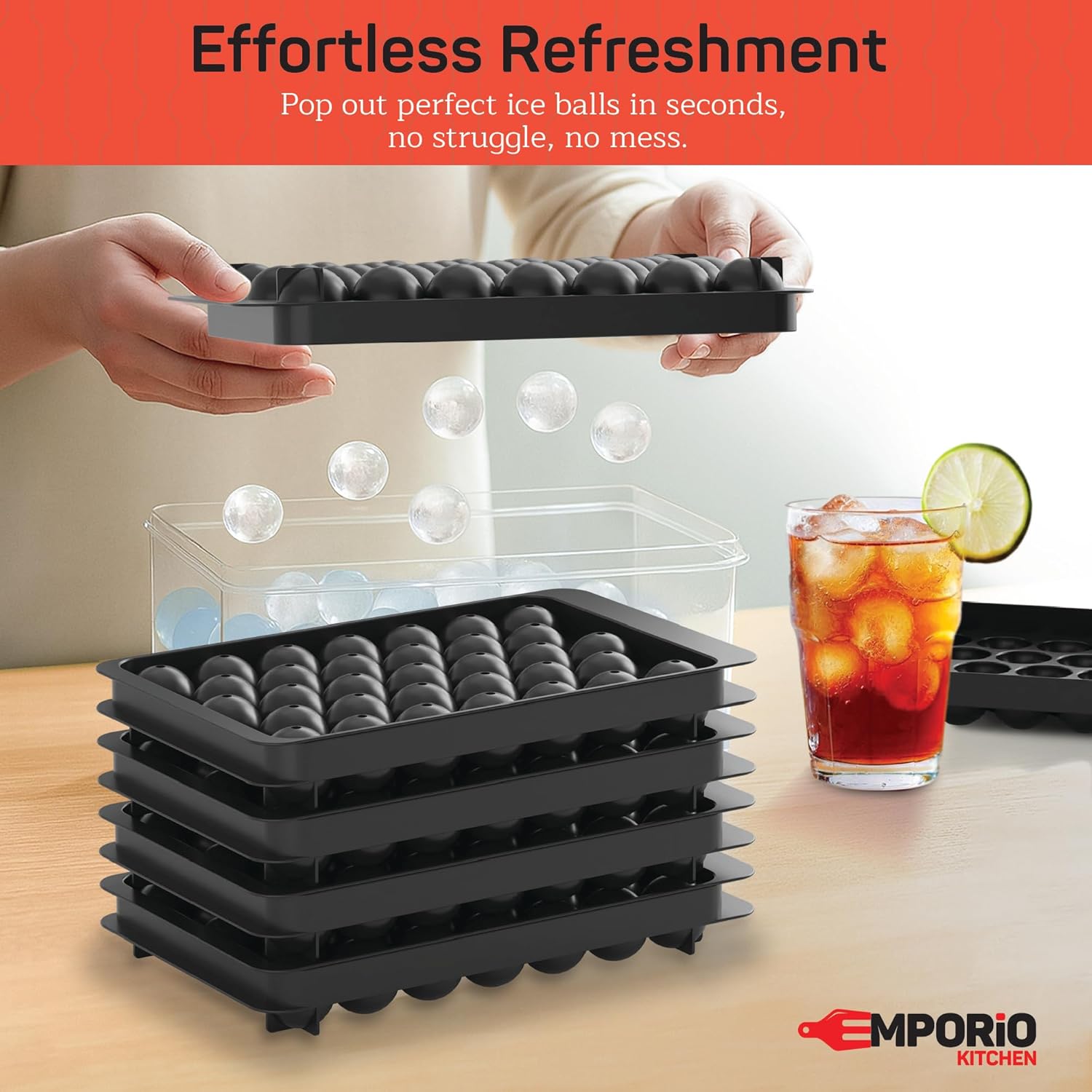 Emporio Kitchen Round Ice Cube Tray Set Pack of 4, BPA-Free Stackable Trays with Lid & Tongs, 33 Ice Balls Per Tray for Whiskey, Drinks, and Cocktails, Quick Release Round Ice Cube Mold, Black