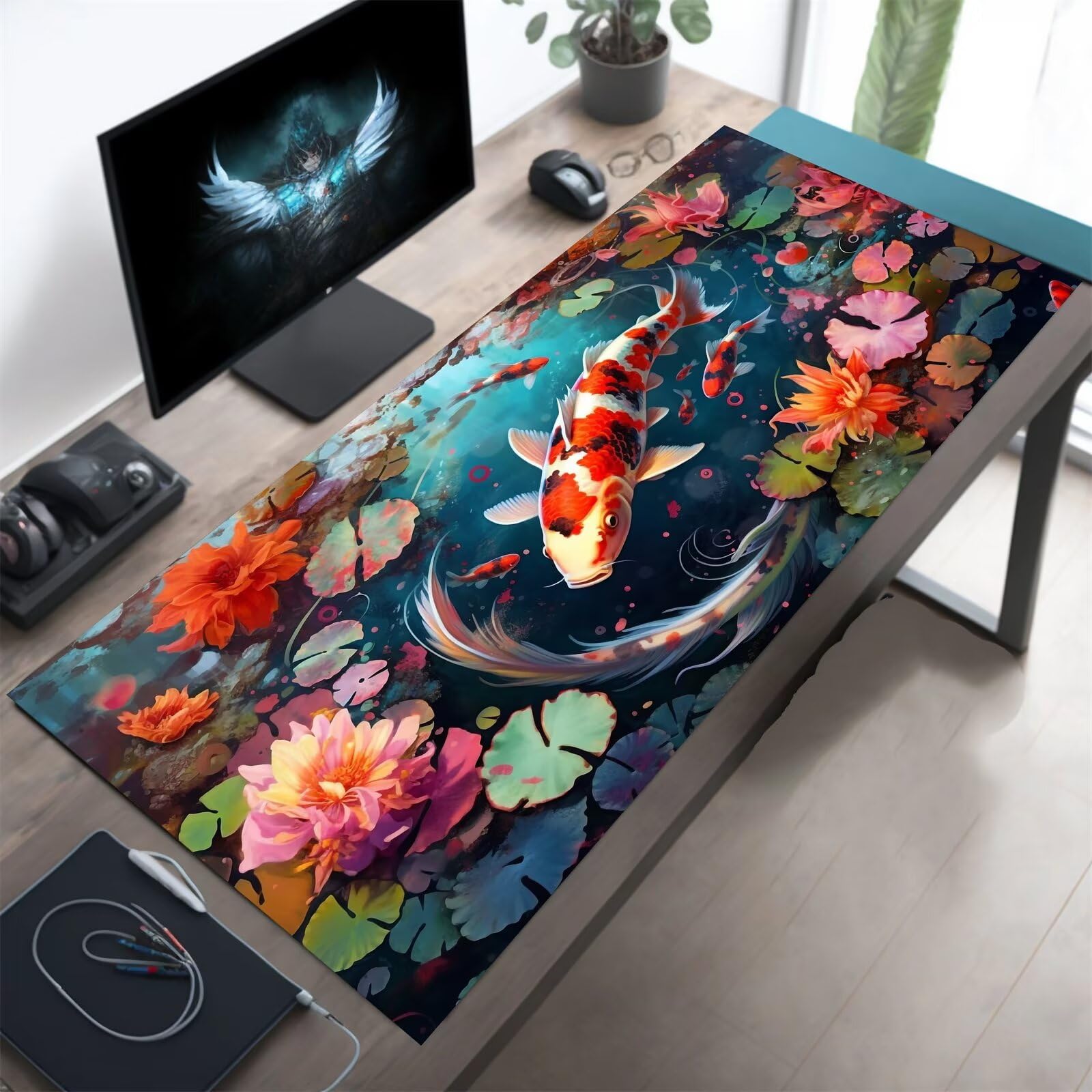 Tappetino Mouse XXL Gaming Koi Fiore Loto, 1200 x 600 x 3mm Tappetino Scrivania Grande con Base Antiscivolo e Bordi Cuciti per Tastiera, Laptop e Computer