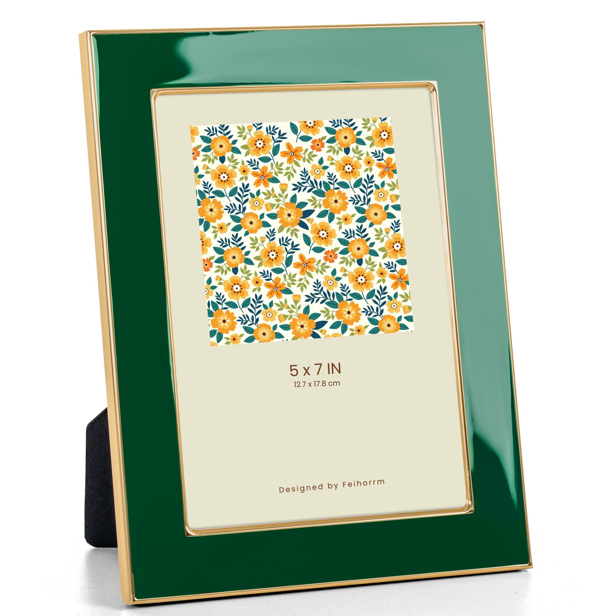 Feihorrm Photo Frame 7x5, Green Enamel Frame with Gold Metal Edge, HD Tempered Glass Picture Frame, Vertical & Horizontal Display, Tabletop & Wall Mount Decor