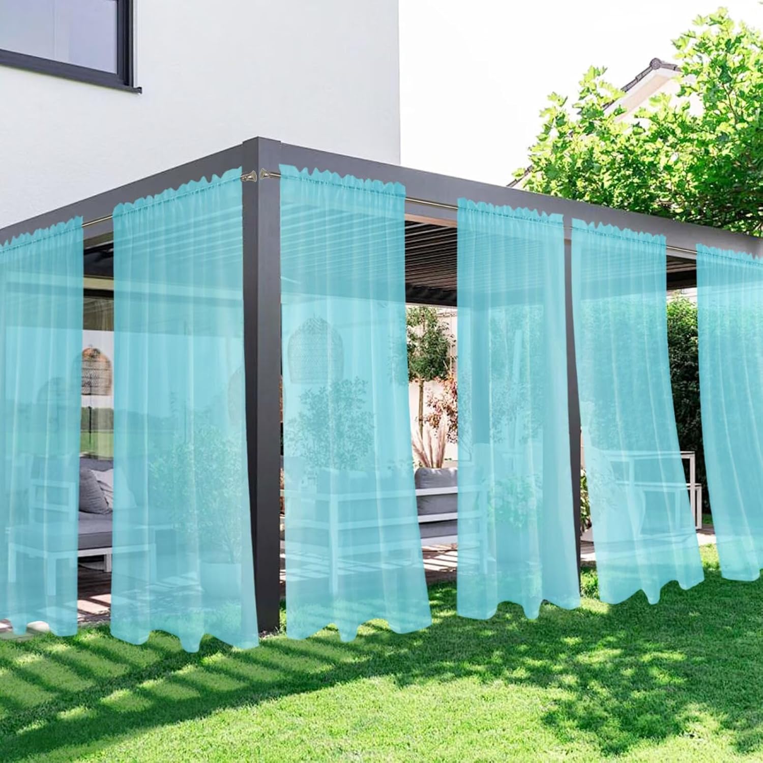 SpaceDresser Outdoor Sheer Curtains for Patio, 6 Panels Waterproof Rod Pocket Indoor Curtain for Living Room, Porch, Pergola, Cabana, Gazebo, 52 x 96 Inch Aqua