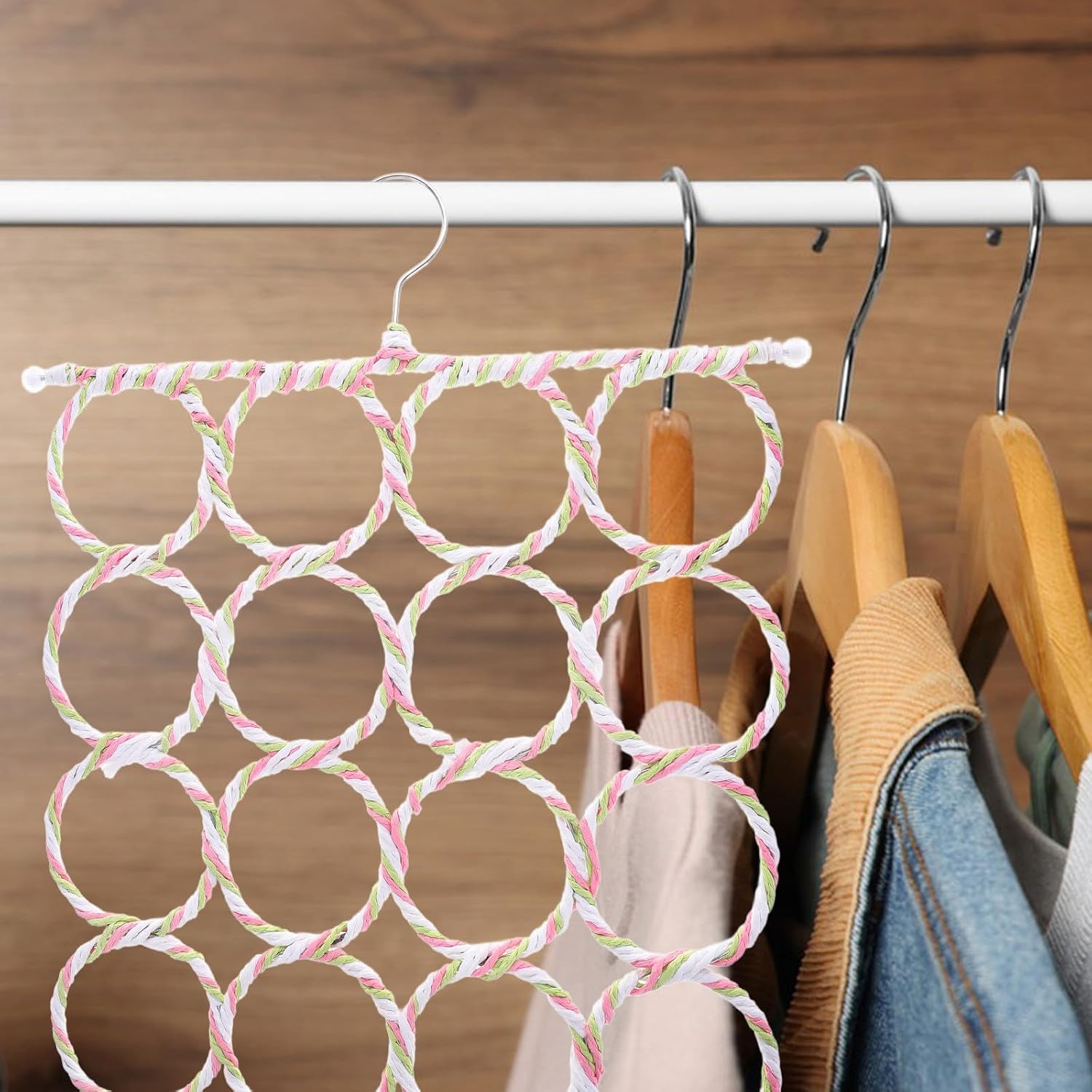 Multi-Functional Scarf Hanger with Rings for Wardrobe Organizer Space-Saving Belt and Tie Rack Foldable Storage for Scarves Towels and Waistbands