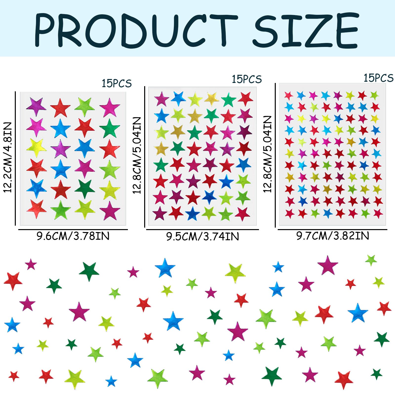 MUNSKT 2400 Pcs 3 Size Shiny Colorful Star Reward Stickers, 45 Sheets (15/Size) - Image 2
