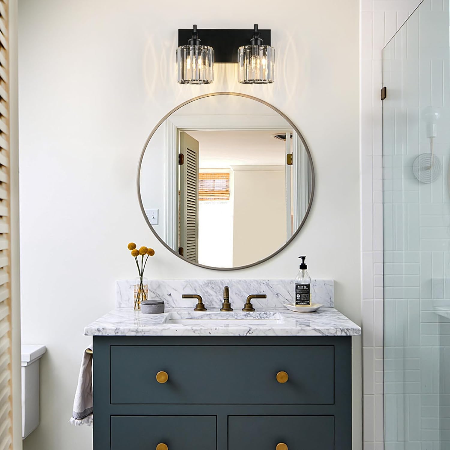 black crystal bathroom vanity lights, modern 2-lights bathroom lighting fixtures over mirror, crystal wall lighting with round shade black-round shade 2-light