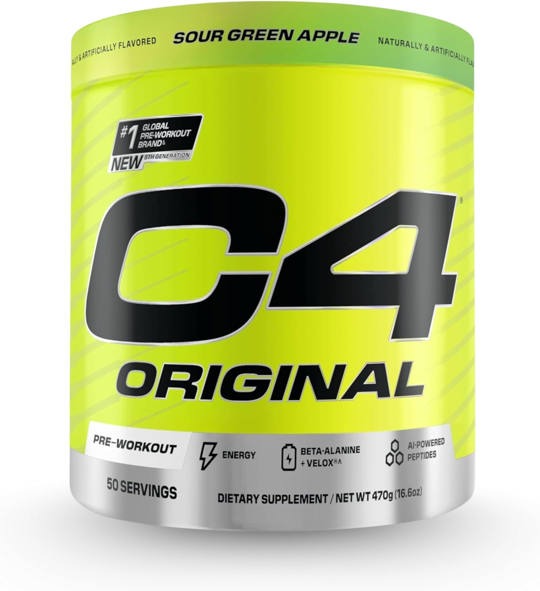 C4 Original Pre-Workout Powder Explosive Energy, Focus & Endurance with Beta-Alanine, Creatine, and Arginine, Sour Green Apple Flavor, 50 Servings
