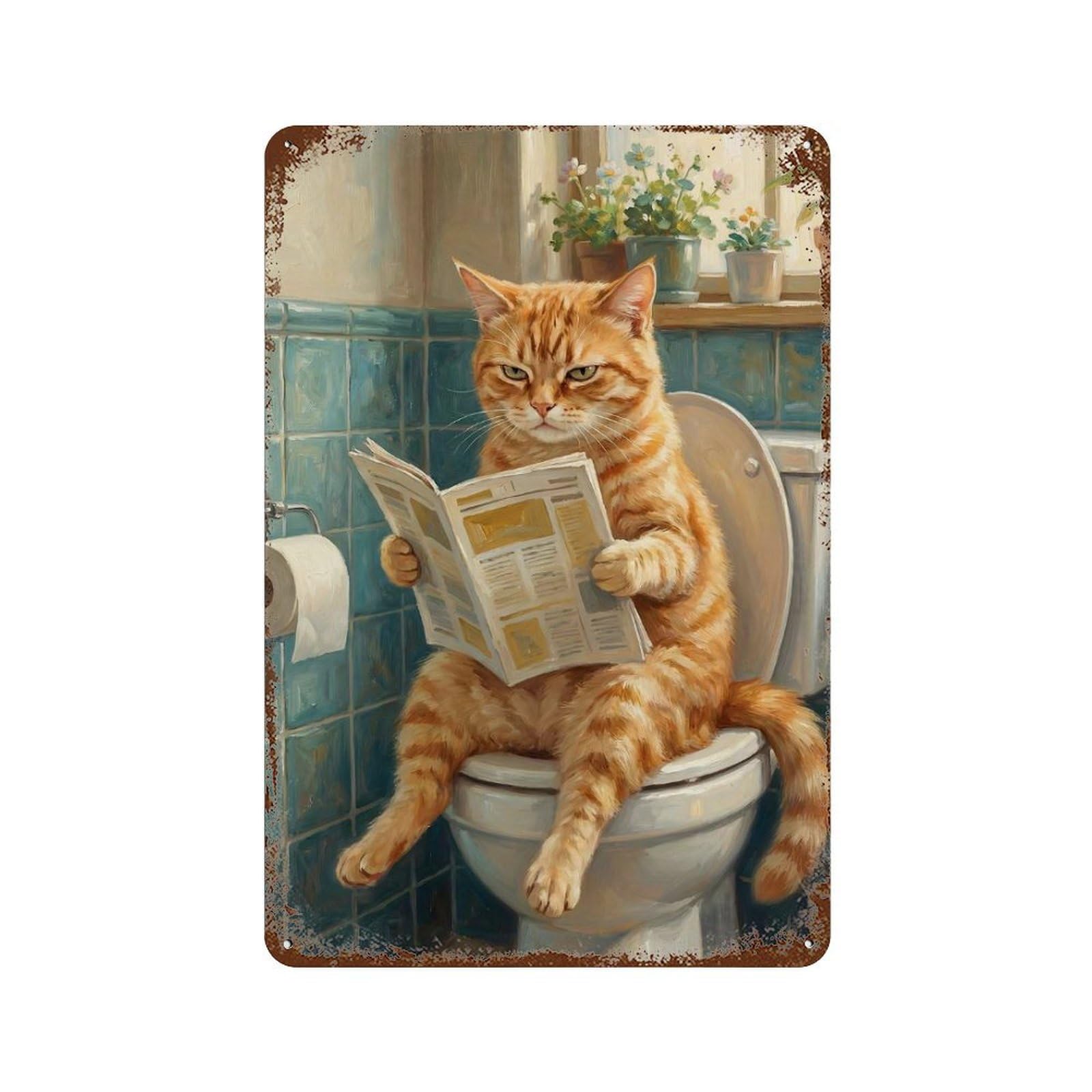 Garage Style Cat Reading Newspaper on Toilet Aged Metal Wall Plaque 11.8"x7.9", Vintage Wall Decor for Bar And Workshop