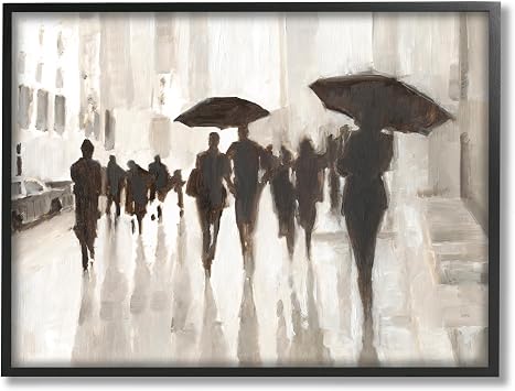 Monotone Black and White Raining City Crowd| Framed Giclee Art