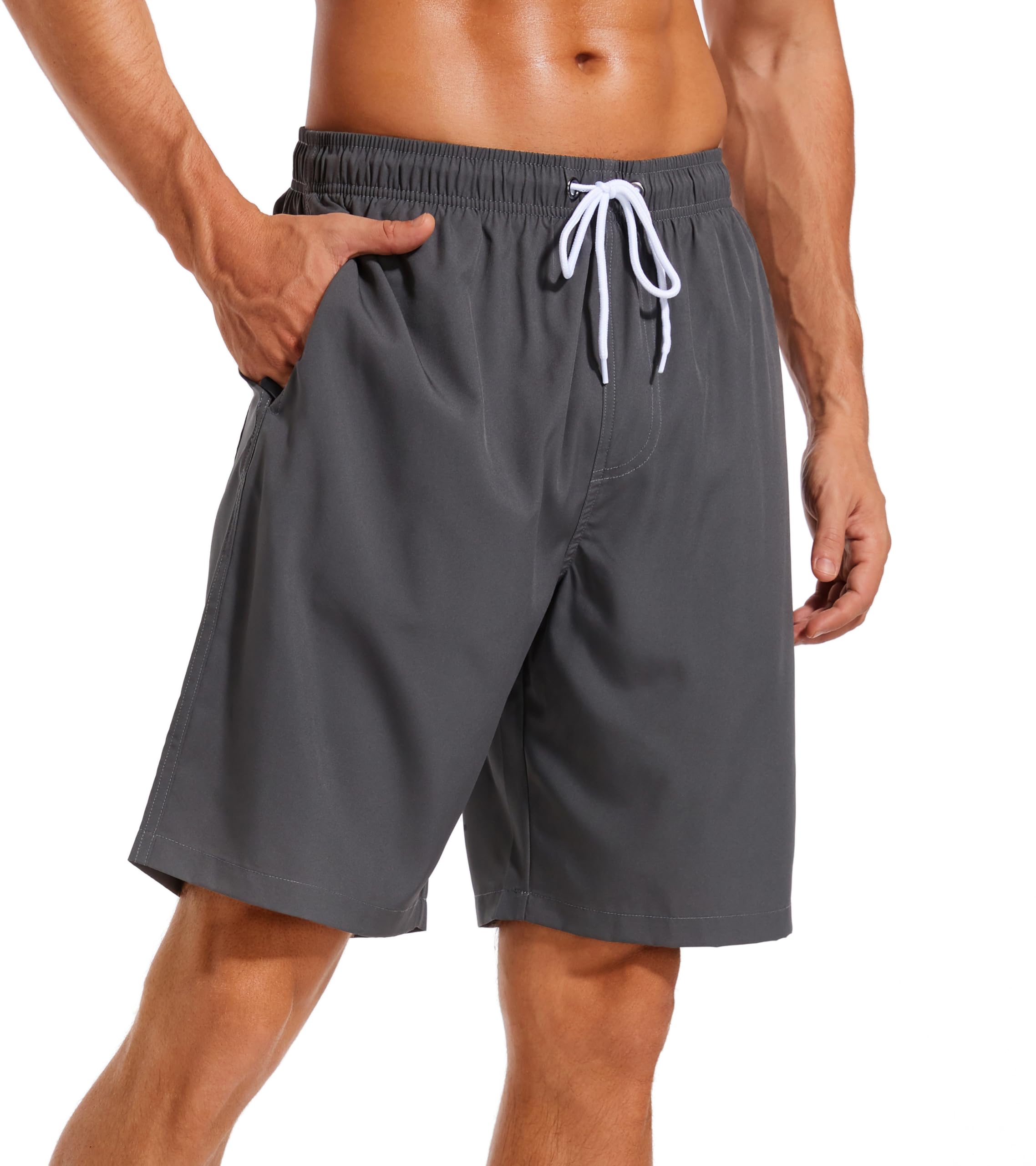 SILKWORLD Mens Swimming Trunks with Compression Liner Quick Dry Swimwear Beach Shorts with Zipper Pockets,Dark Grey,Large